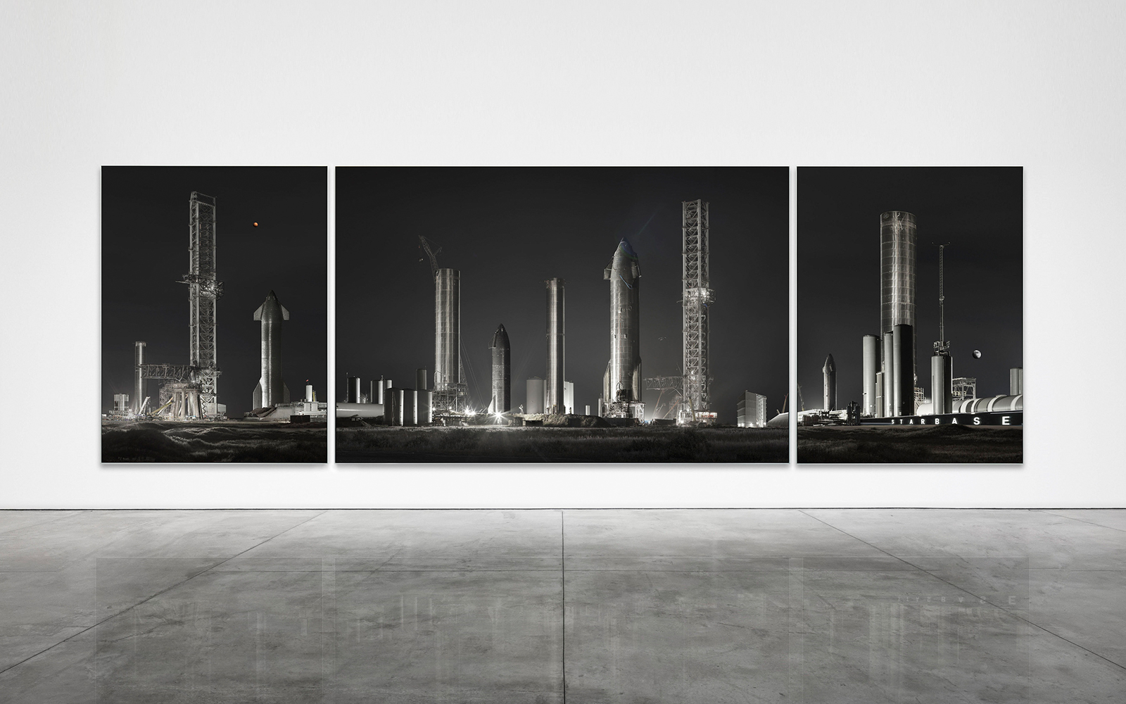 Triptych artwork of rocket launch site at ArtScience Museum, Singapore.