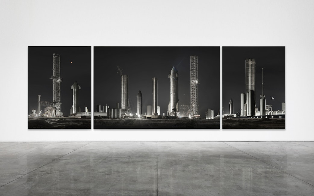 Triptych artwork of rocket launch site at ArtScience Museum, Singapore.
