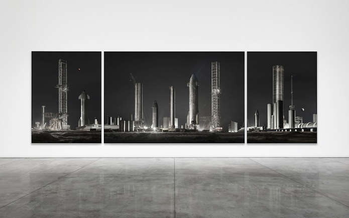 Triptych artwork of rocket launch site at ArtScience Museum, Singapore.