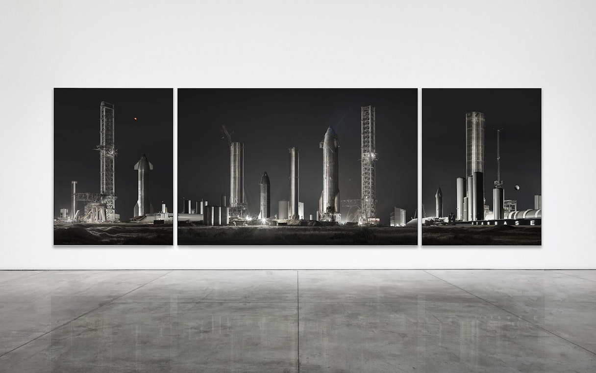 Triptych artwork of rocket launch site at ArtScience Museum, Singapore.