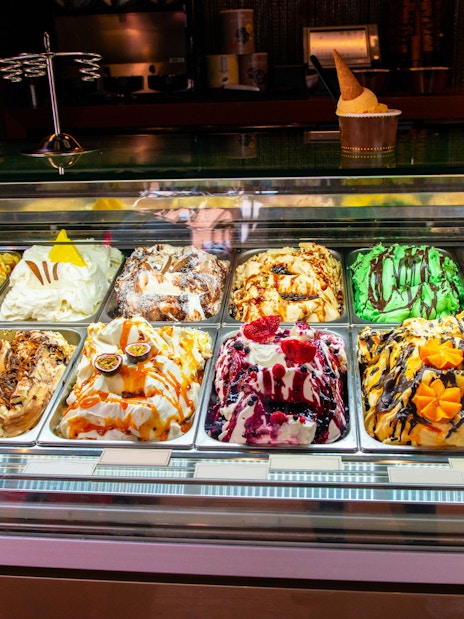 Assorted gelato flavors in a display case during Trastevere and Jewish Ghetto food tour.