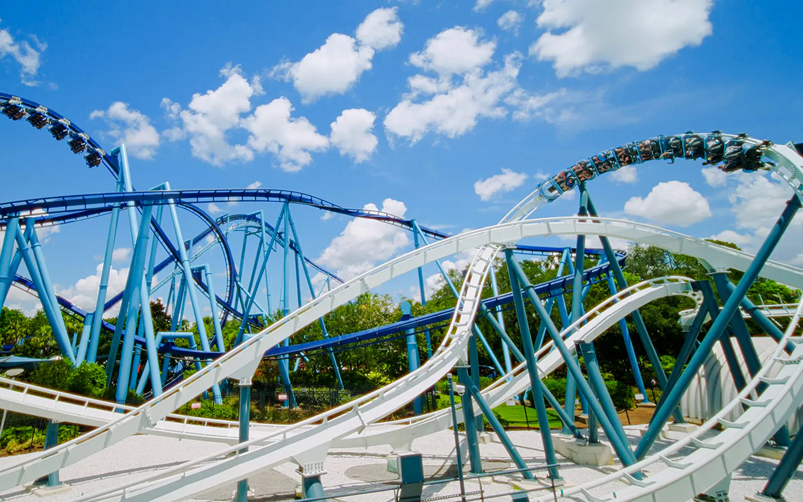 Roller coaster loops and tracks at SeaWorld Orlando under a blue sky.