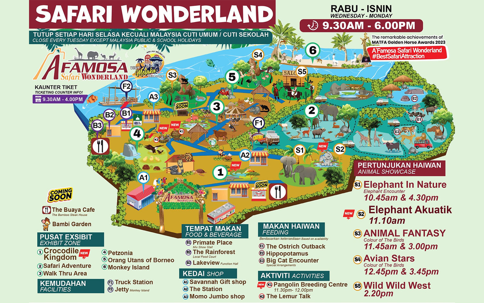 Safari Wonderland map with animal zones, dining areas, and show locations at A'Famosa, Malaysia.