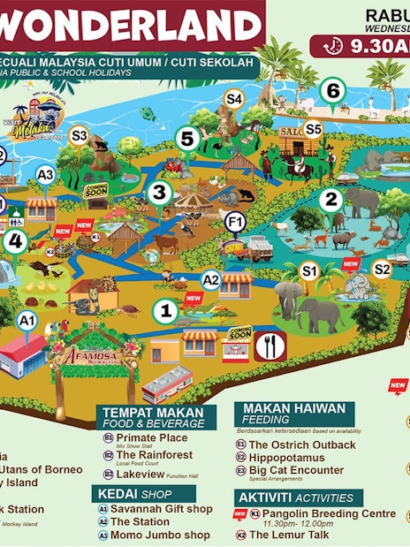 Safari Wonderland map with animal zones, dining areas, and show locations at A'Famosa, Malaysia.