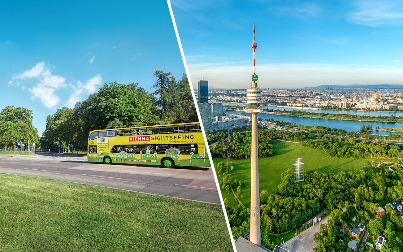 Vienna sightseeing bus and Danube Tower with cityscape view.