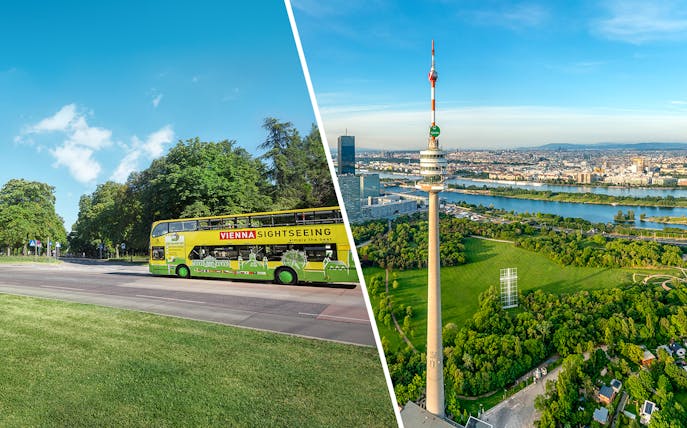 Vienna sightseeing bus and Danube Tower with cityscape view.