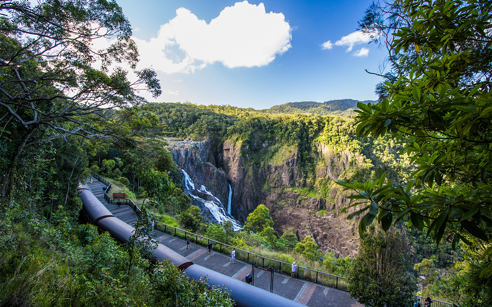 Kuranda Scenic Railway passing by Barron Falls in lush rainforest setting.