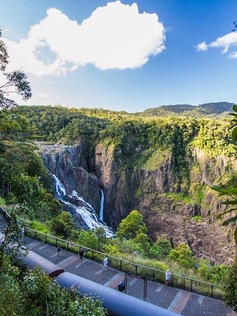 Kuranda Scenic Railway passing by Barron Falls in lush rainforest setting.