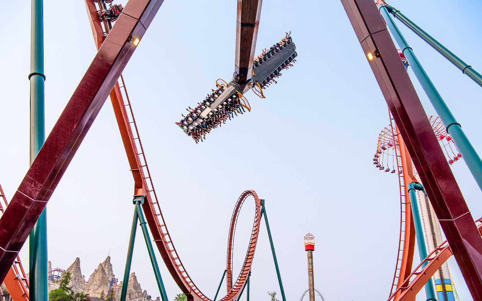 Tundra Twister ride at Canada's Wonderland with riders upside down on a loop.