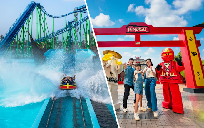 Water coaster splash at Adventure Waterpark Desaru; family with Lego Ninjago figures at LEGOLAND Malaysia.