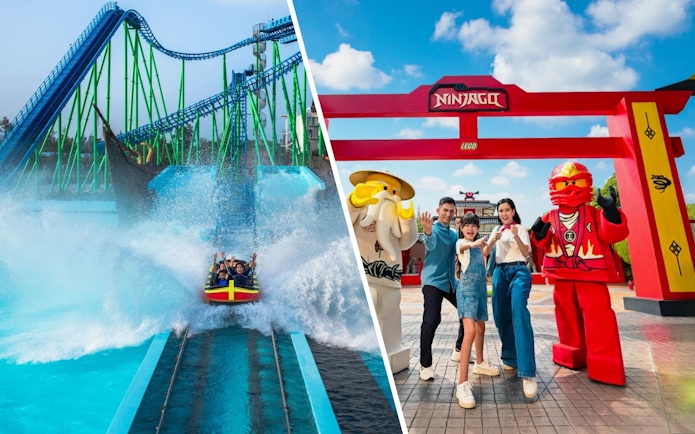 Water coaster splash at Adventure Waterpark Desaru; family with Lego Ninjago figures at LEGOLAND Malaysia.
