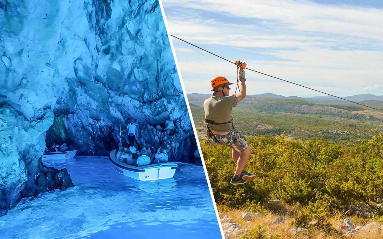 Boat entering Blue Cave and person ziplining over Split landscape.