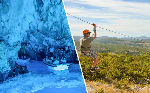 Boat entering Blue Cave and person ziplining over Split landscape.