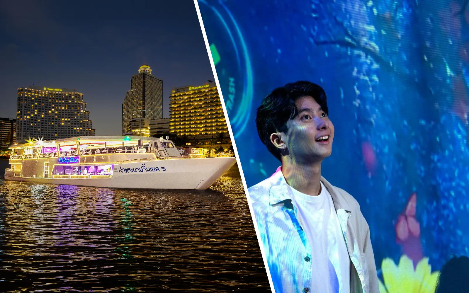 Chao Phraya Princess cruise at night in Bangkok; man at interactive environmental exhibit.