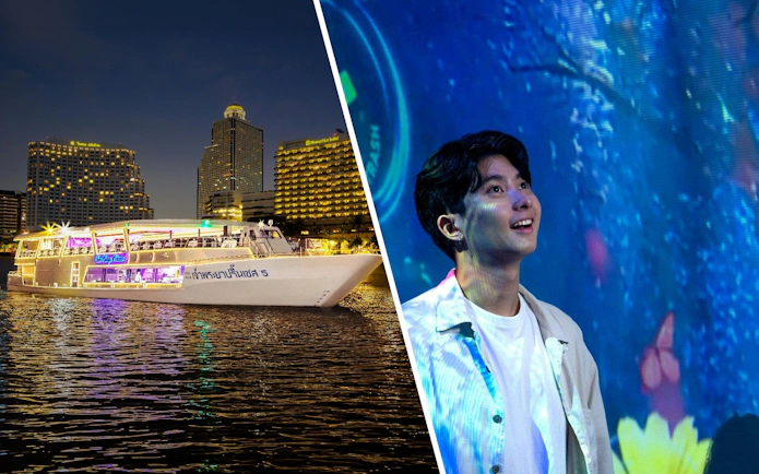 Chao Phraya Princess cruise at night in Bangkok; man at interactive environmental exhibit.