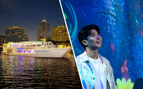 Chao Phraya Princess cruise at night in Bangkok; man at interactive environmental exhibit.