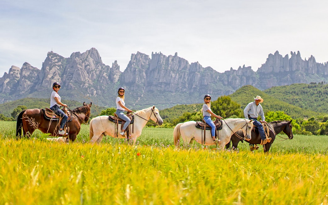 Group horse riding with guide in scenic mountain landscape.