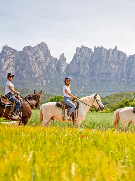 Group horse riding with guide in scenic mountain landscape.