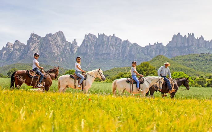 Group horse riding with guide in scenic mountain landscape.