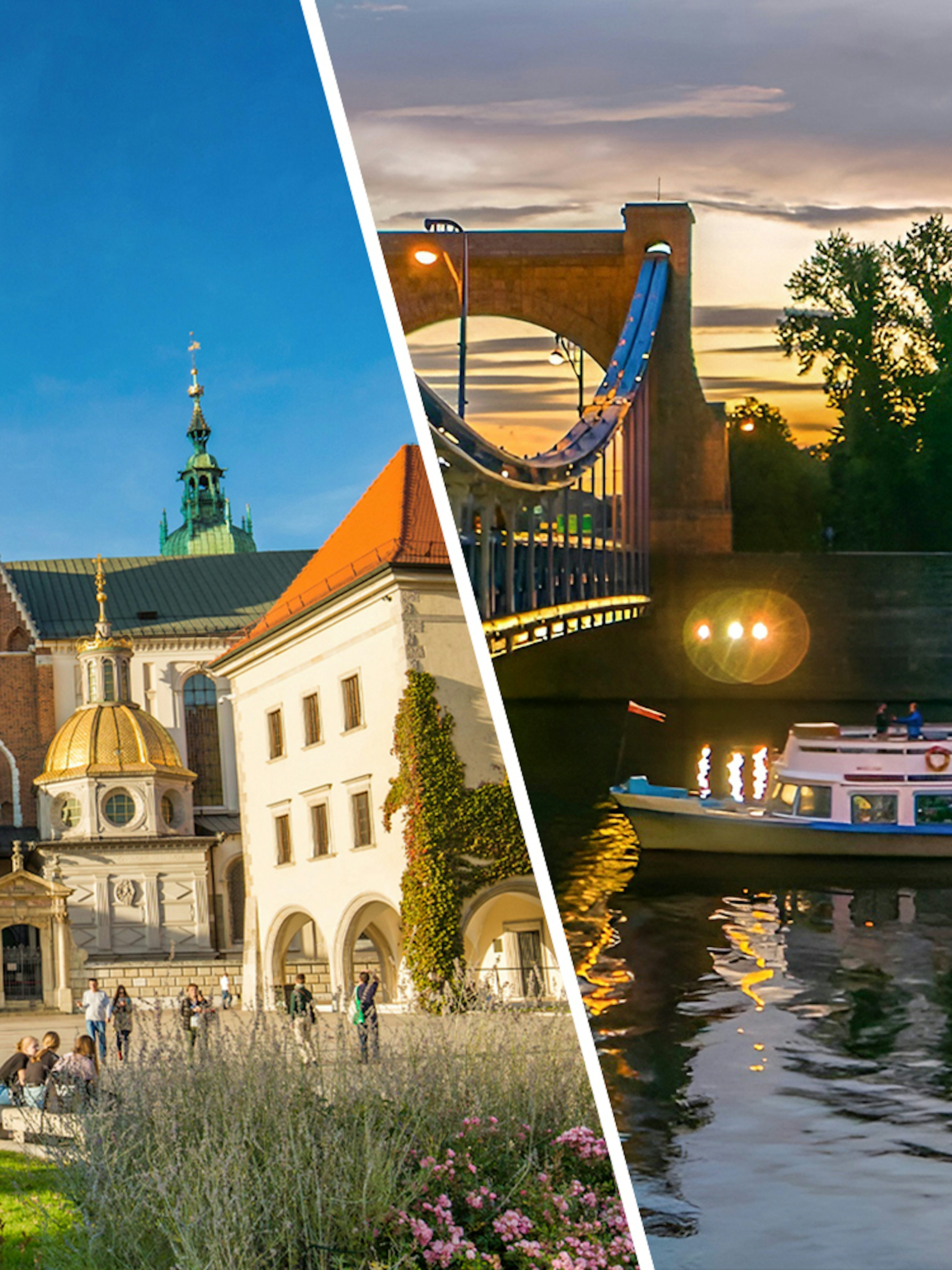 Wawel Castle and Cathedral with tourists; night cruise boat on Vistula River, Krakow.