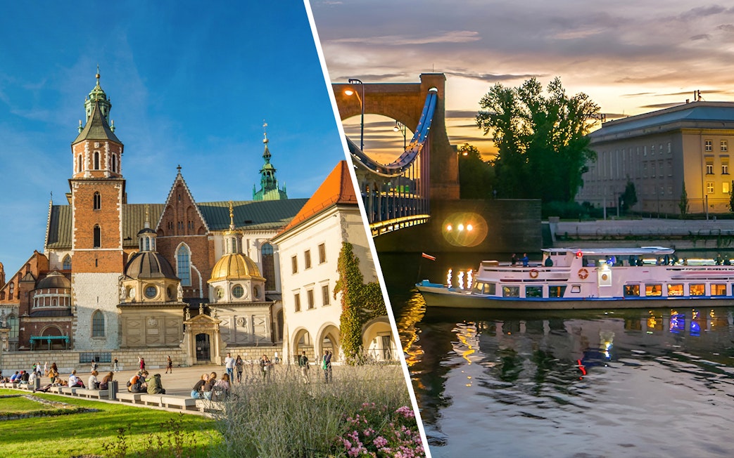 Wawel Castle and Cathedral with tourists; night cruise boat on Vistula River, Krakow.