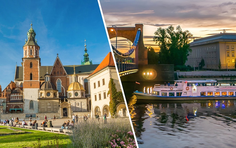 Wawel Castle and Cathedral with tourists; night cruise boat on Vistula River, Krakow.