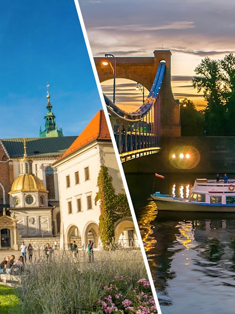 Wawel Castle and Cathedral with tourists; night cruise boat on Vistula River, Krakow.
