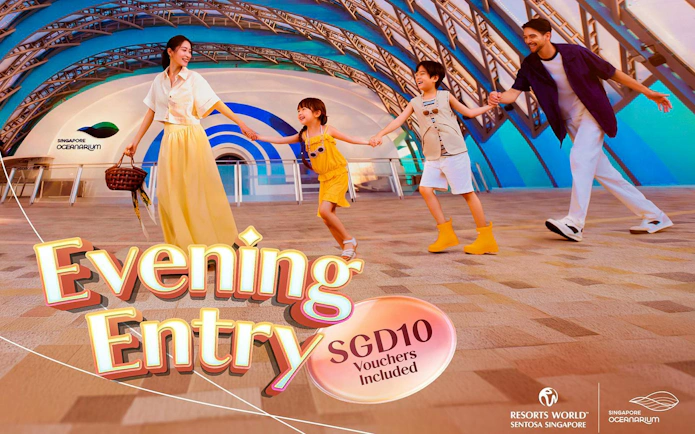 Family enjoying evening entry at Resorts World Sentosa, Singapore Oceanarium.