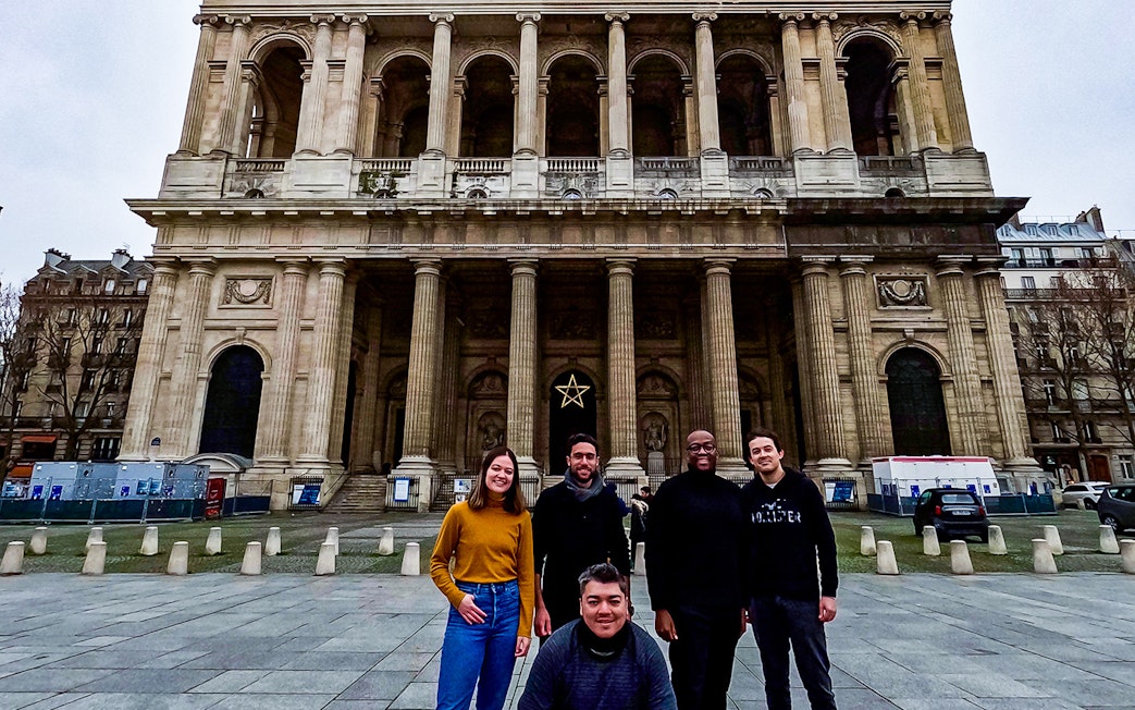 Group in front of Saint-Sulpice Church during Saint-Germain-Des-Prés walking tour.