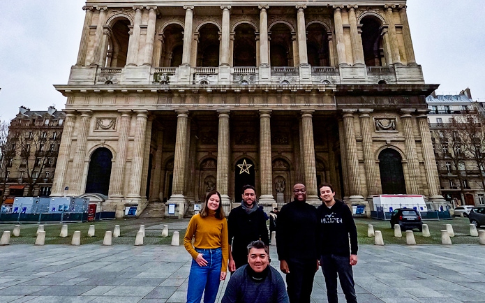 Group in front of Saint-Sulpice Church during Saint-Germain-Des-Prés walking tour.