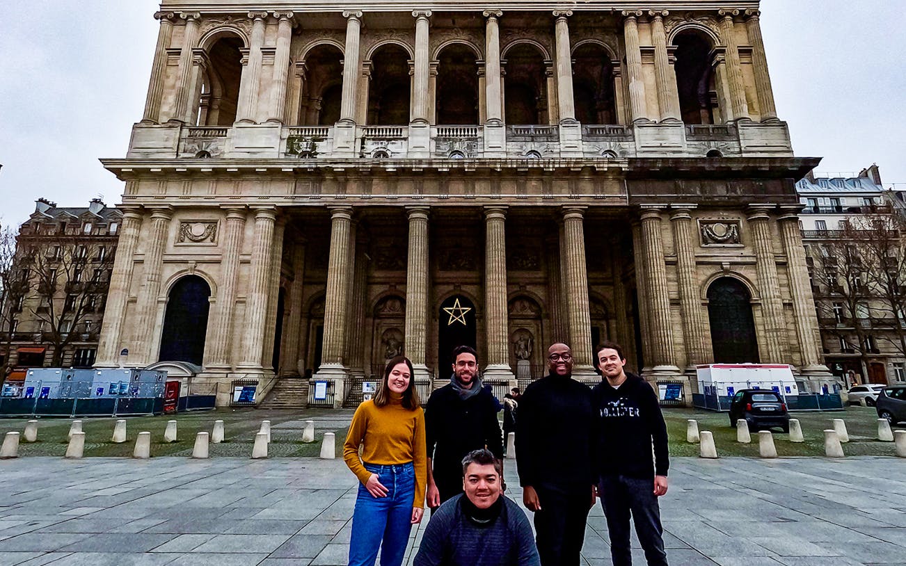 Group in front of Saint-Sulpice Church during Saint-Germain-Des-Prés walking tour.