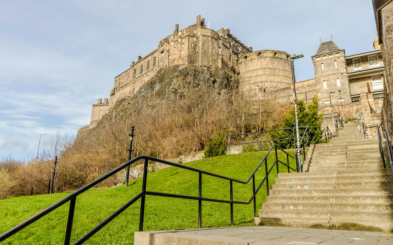 Edinburgh Castle and Granny's Green Steps viewed from the backside in Edinburgh, Scotland.