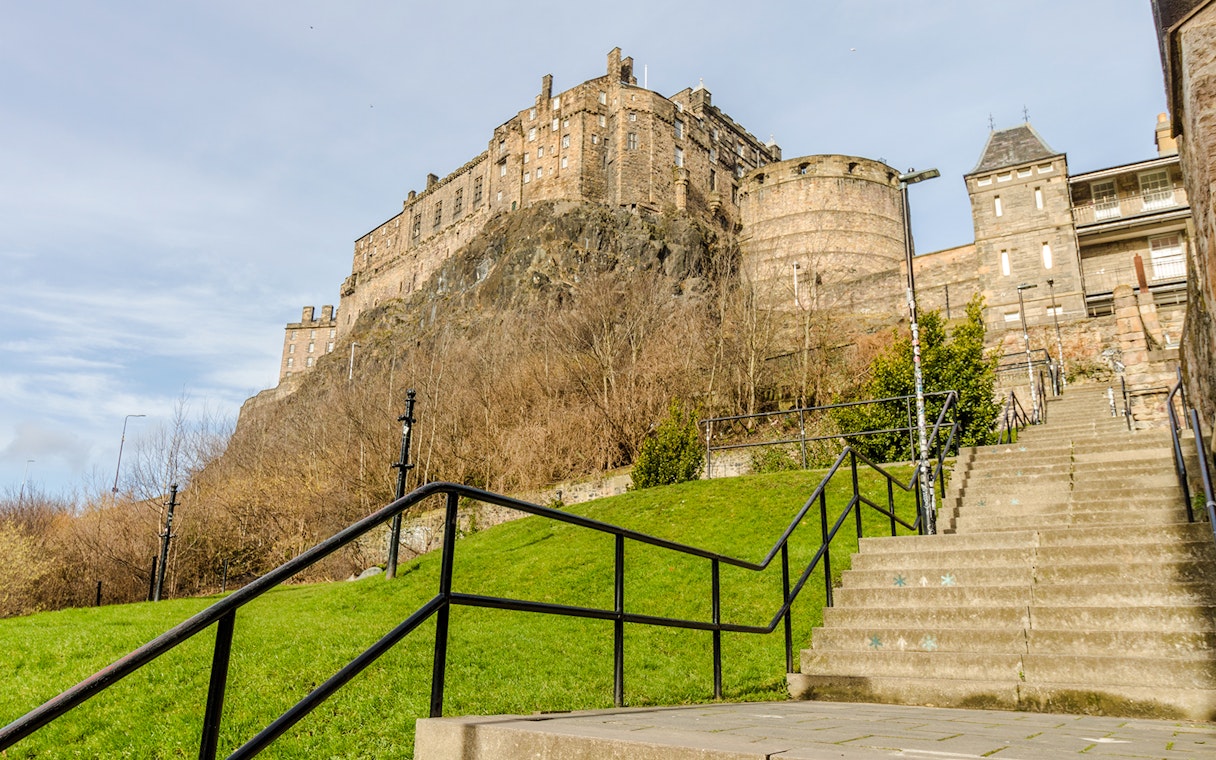 Edinburgh Castle and Granny's Green Steps viewed from the backside in Edinburgh, Scotland.