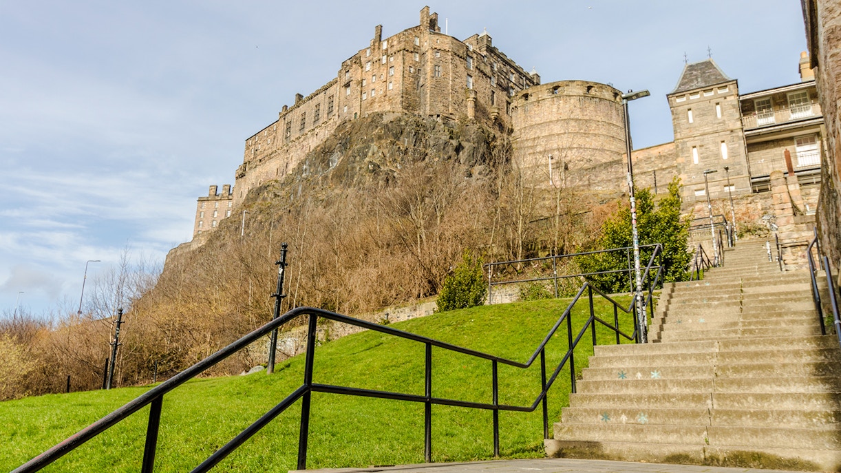 Edinburgh Castle and Granny's Green Steps viewed from the backside in Edinburgh, Scotland.