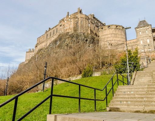 Edinburgh Castle and Granny's Green Steps viewed from the backside in Edinburgh, Scotland.