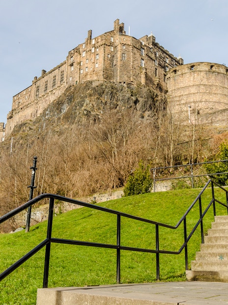 Edinburgh Castle and Granny's Green Steps viewed from the backside in Edinburgh, Scotland.