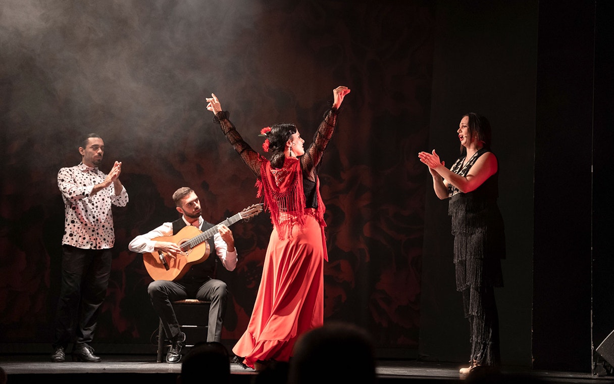 Flamenco dancer performing with musicians at Teatro Flamenco Barcelona.