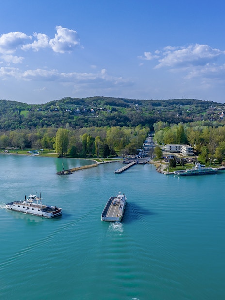 Cruise ship on Lake Balaton with Tihany Peninsula in the background, Hungary.