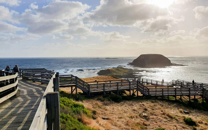 Wooden boardwalk overlooking ocean at Phillip Island Penguin Parade, Australia.