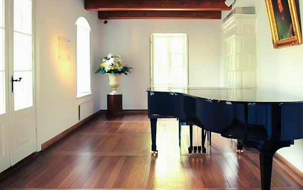 Grand piano in a sunlit room at Frédéric Chopin's birthplace, Zelazowa Wola, Poland.