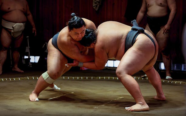 Sumo wrestlers practicing at a Tokyo stable during a morning tour.
