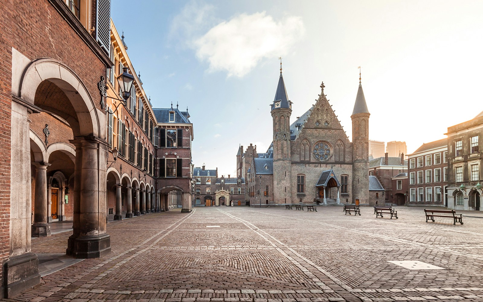 Ridderzaal in Binnenhof, The Hague, with its Gothic architecture and open courtyard.
