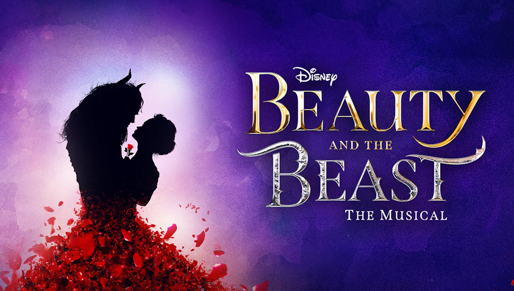 Silhouette of Beauty and the Beast with rose petals, promoting the musical.