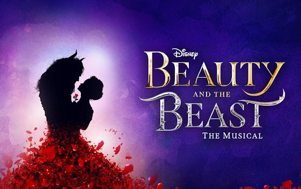 Silhouette of Beauty and the Beast with rose petals, promoting the musical.