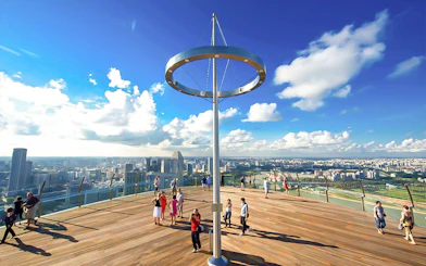 Visitors enjoying the view from Marina Bay Sands SkyPark Observation Deck, Singapore.