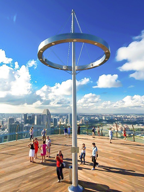 Visitors enjoying the view from Marina Bay Sands SkyPark Observation Deck, Singapore.