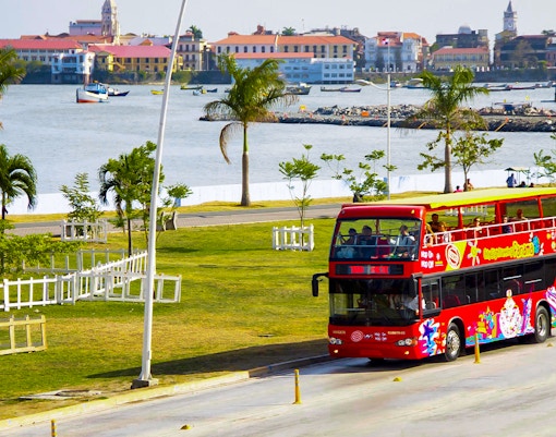 Panama City skyline view from Hop-On-Hop-Off bus tour with iconic skyscrapers.
