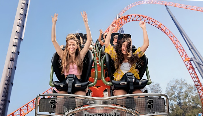 Guests on the Steel Taipan rollercoaster at Dreamworld, Gold Coast