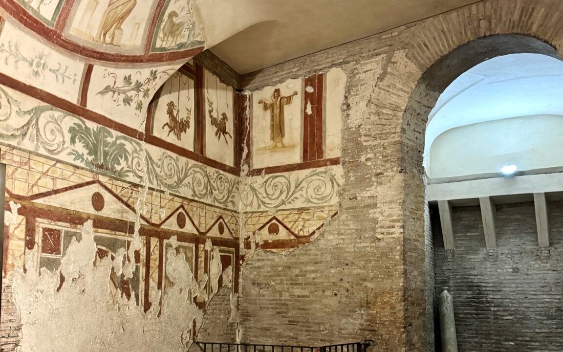 Frescoes and ancient walls in the Roman Houses of the Celio Hill Underground.