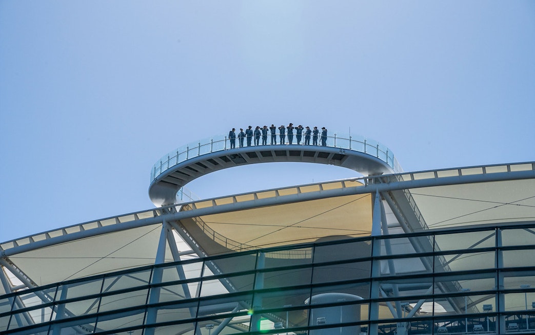 Visitors on the rooftop walkway at Optus Stadium during the Vertigo experience in Perth, Australia.